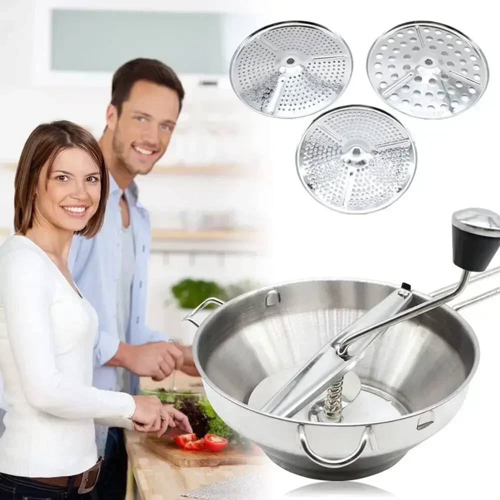 مطحنة تمرير من الفولاذ المقاوم للصدأ مع 3 أقراص طحن آلة تمرير المطبخ، تمرير غربال لتمرير الفاكهة والخضروات