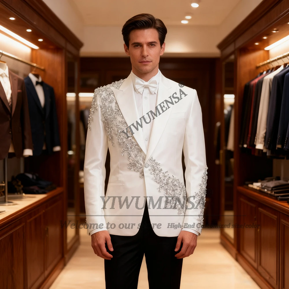 

Мужской костюм со стразами и бисером, комплект из 2 предметов, пиджаки для жениха, приталенные индивидуальные формальные свадебные смокинги, trajes para hombre