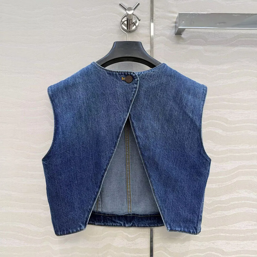 2026 New Fashion Summer O-neck Sleeveless Tank Top Women Novelty Backless Sexy Split Blue Denim Vest Sexy Cute Tops Tee