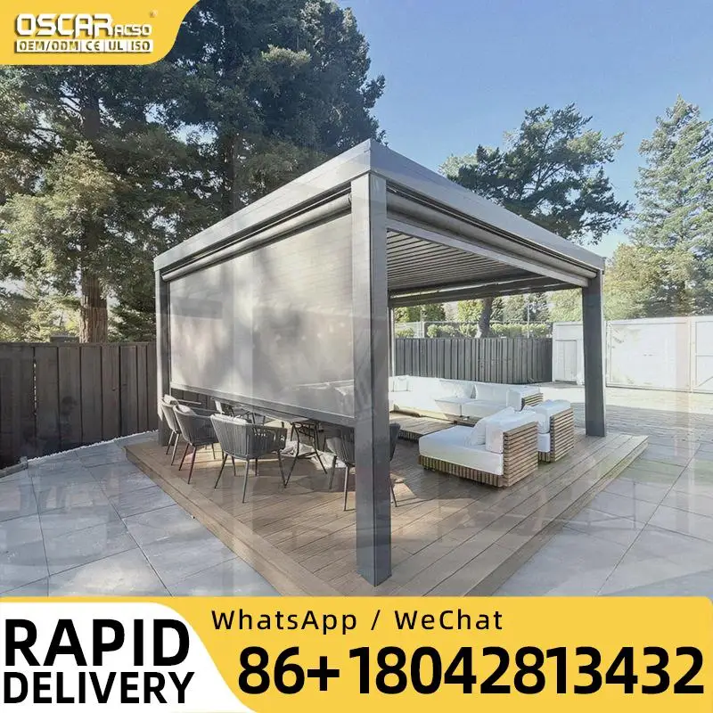 10 ft X 10 ft Aluminum Metal Brown Waterproof Retractable Motorized Louvered Bioclimatic Pergola for Patio Garden Backyard pergo