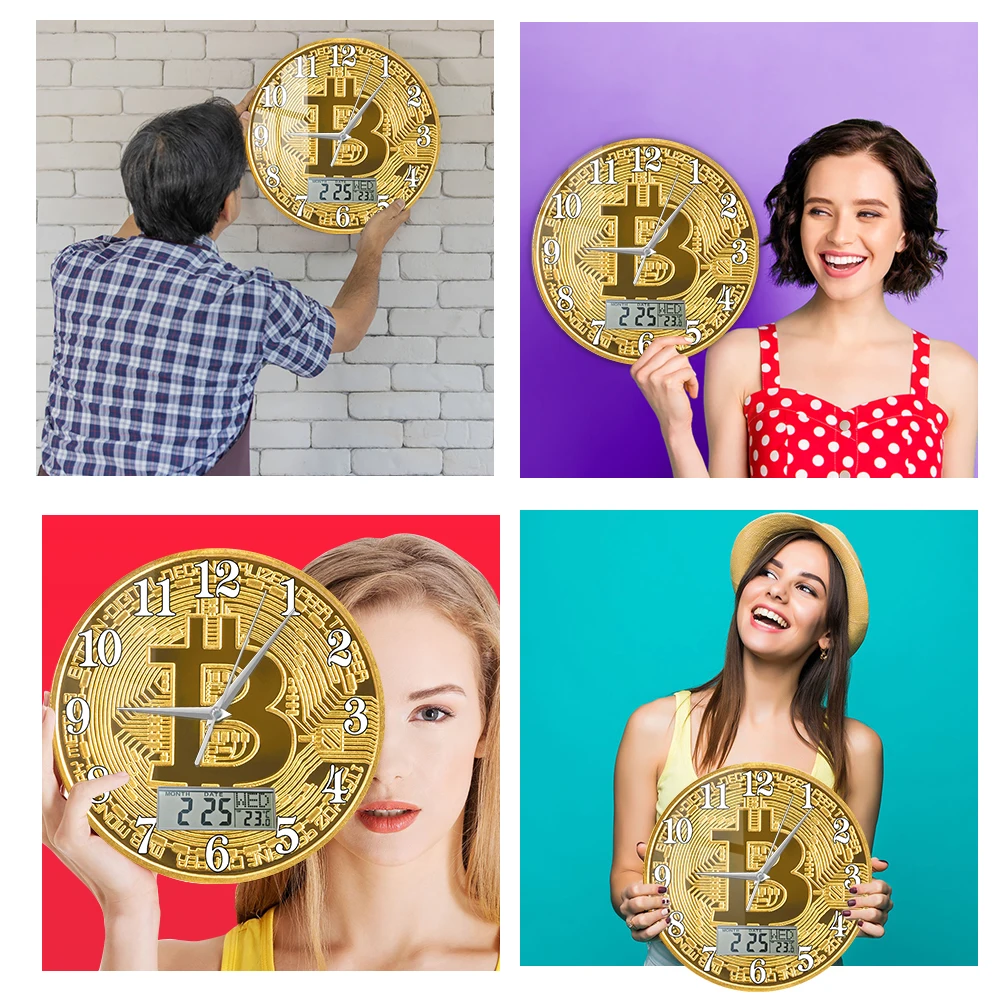 Bitcoin Symbol Printed Wall Clock with LCD Display Golden Coin Cryptocurrency Decor Silent Clock Perpetual Calendar Temperature view 6