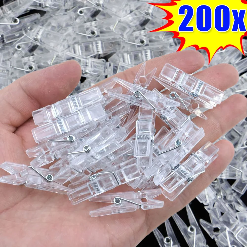 50/200PCS Transparent Mini Photo Clips Plastic Spring Hanging Clamp Clothespins DIY Birthday Party Wall Decoration Photo Clamps