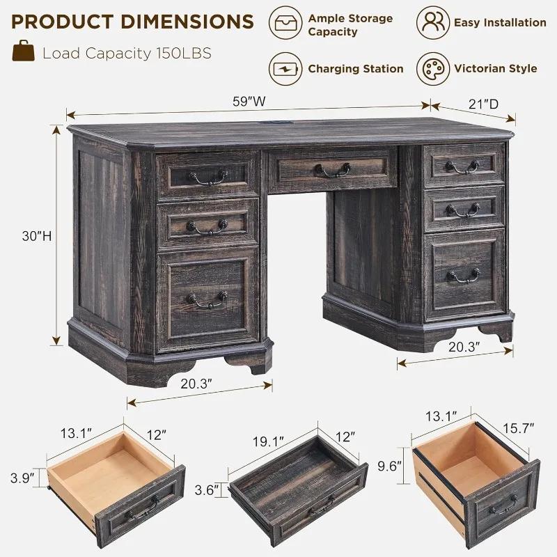 #Farmhouse Executive Desk with Drawers Wood Home Office Computer Desk with Keyboard Tray Charging Station File Drawer Storage