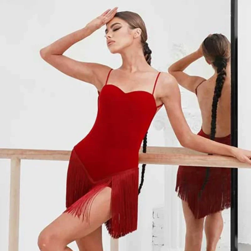 Sexy Latin Dance Costumes Tight Top Jumpsuit Tassel Skirt Practice  Cha Cha Rumba Ballroom Dancing Performance Clothes for Women