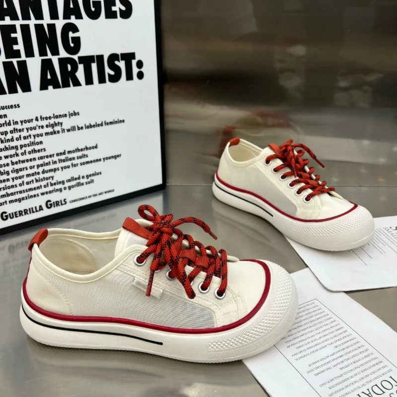 Women's Canvas Platform Sneakers Off White Mesh Trim Canvas Sneakers Retro Streetwear Breathable Non Slip Casual Walking Shoes