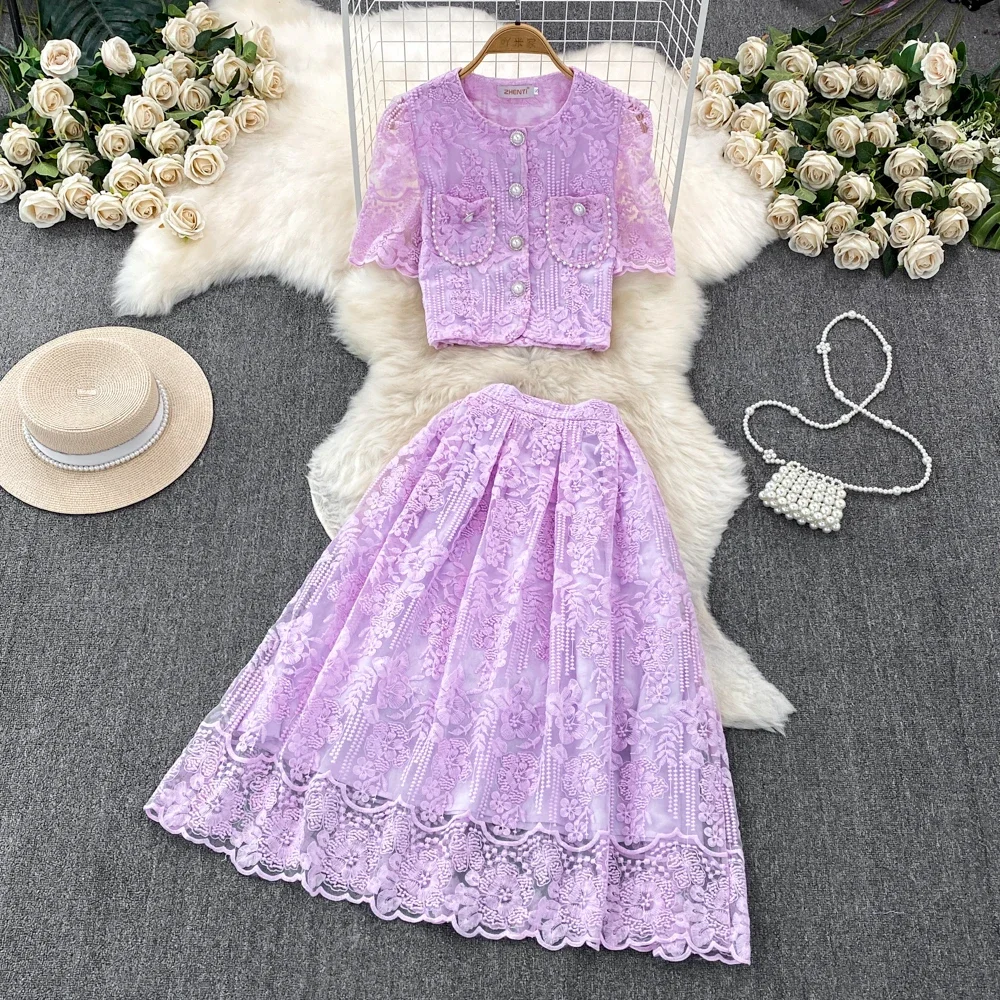 Korean Fashion Sweet Lace Set Two Piece Skirt Suits Lace Embroidery Flower Short Sleeve Shirt Tops Midi Skirt Women\'s Outfits