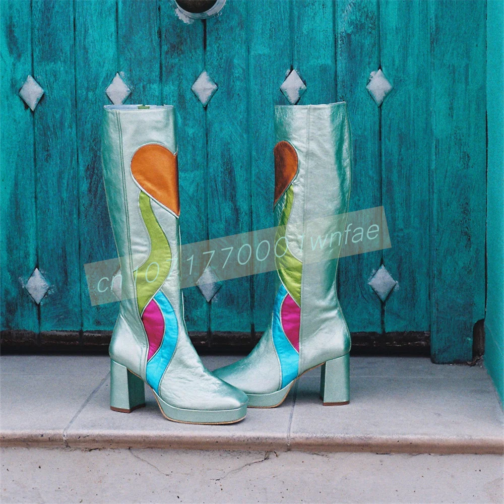 Women Metallic Mint Knee High Boots Colorful Heart Patchwork Square Toe Platform Block Heel Retro Tall Boots Botas Mujer Size 46