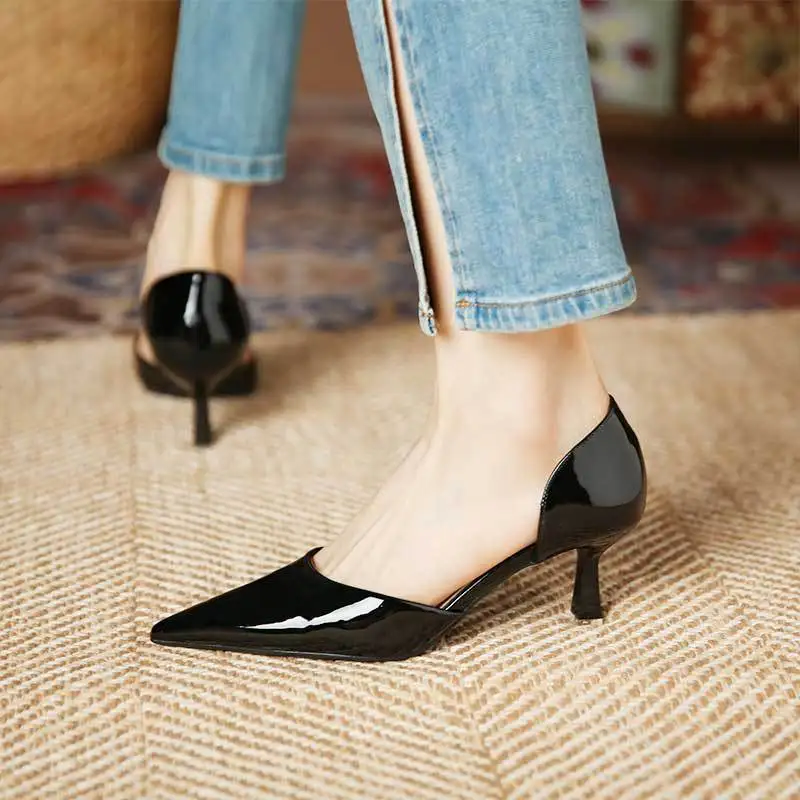 

Women Black Patent Leather High Heels Pumps Women Fashion Trendy Slip on Thin Heeled Dress Shoes Woman Pointed Toe Party Shoes