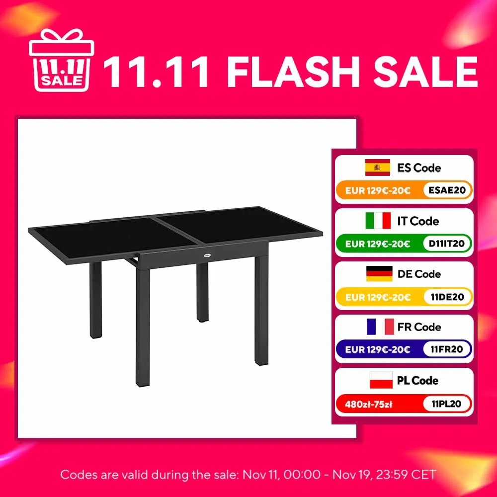 Outsunny Mesa de Jardín Extensible de Aluminio Tablero de Vidrio 80-160x80x75 cm
