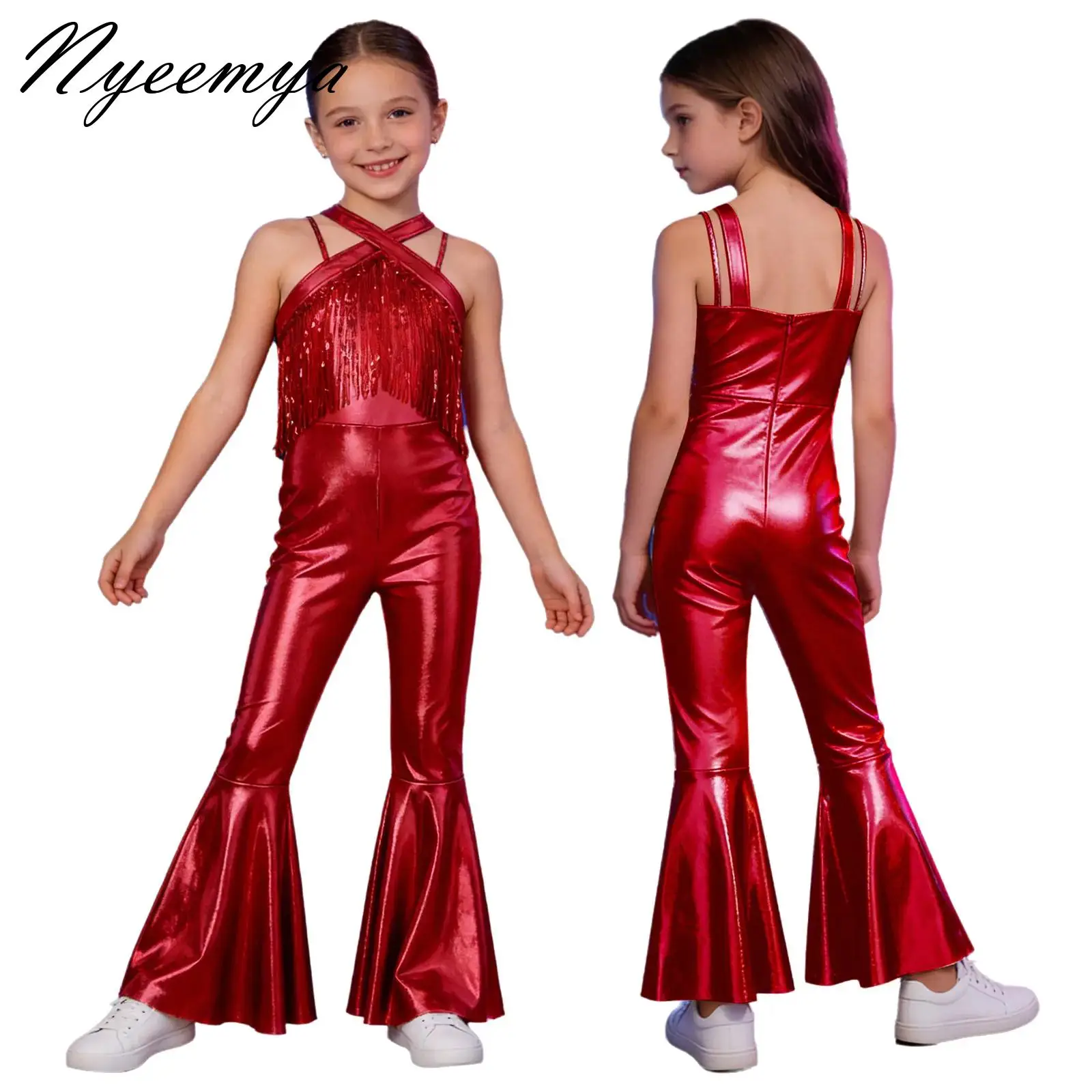 

Kids Girls 70s Disco Performance Costume Shiny Flared Jumpsuit Romper Sequins Tassels Jumpsuits Modern Latin Jazz Dancing Outfit