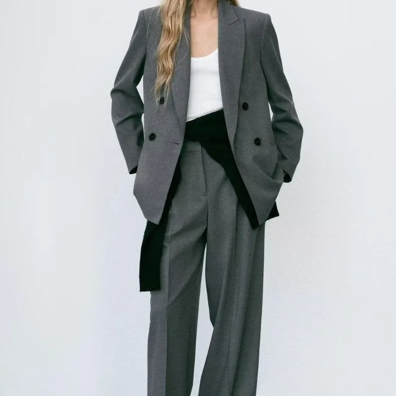 Jacket Shoulder Pads Lapels Pleated Wide-leg High-waisted Casual Trousers Slim  Commuter Solid Color Straight Long-sleeved Suit