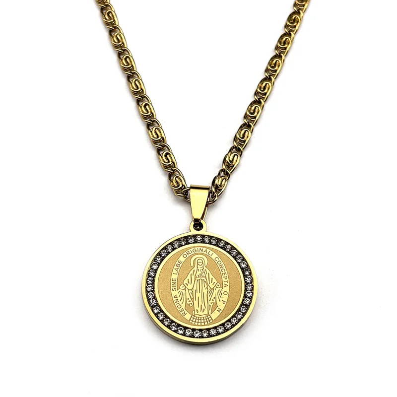 Hip Hop Virgin Mary Medal Wisiorek Naszyjnik dla kobiet Mężczyźni Stal nierdzewna Złoty / srebrny kolor Rhinestone Chrześcijańska biżuteria łańcuszkowa — zdjęcie 5