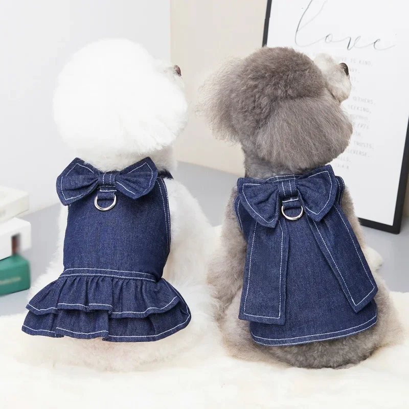 Pet Clothes Small Dog Dress Bowknot Cute Denim Skirt Dog Leas Leash Harness Coat Pretty Vest Chihuahua Yorkshire #