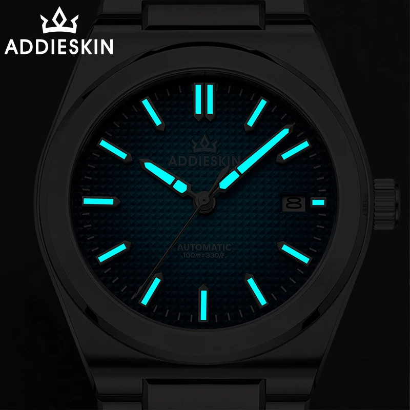 ADDIESKIN 고급 남성용 자동 시계 미요타 9015 와플 텍스처 다이얼 사파이어 100m 방수 시계 39mm 발광 시계 신제품