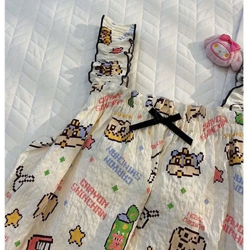Crayon Shin-chan Nightdress Cute Cartoon Floral Grid Nightdress with Padded Cups Summer New Fashion Leisure Versatile Homewear view 3