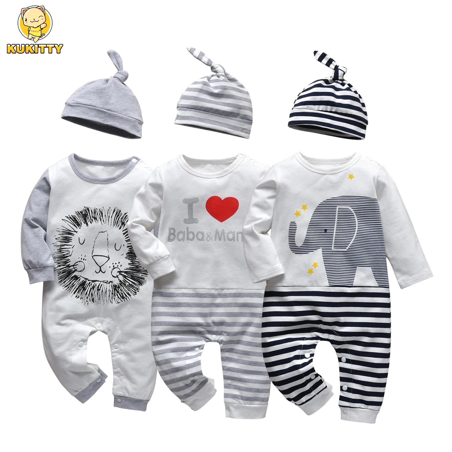 Baby Boys Romper Cotton Long Sleeve Cartoon Print Jumpsuit with Hat Autumn Newborn Clothes Infant Clothing Outfits