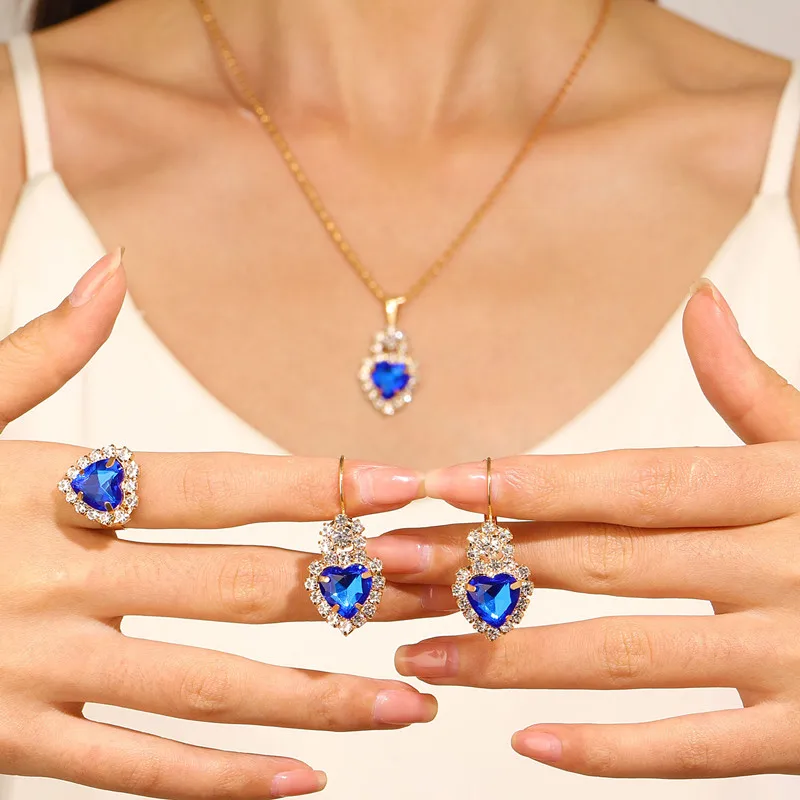 Colorful Love Rhinestone Necklace Earrings Ring Three Piece Set for Women Fashion Daily Accessory Party Jewelry Birthday Gifts