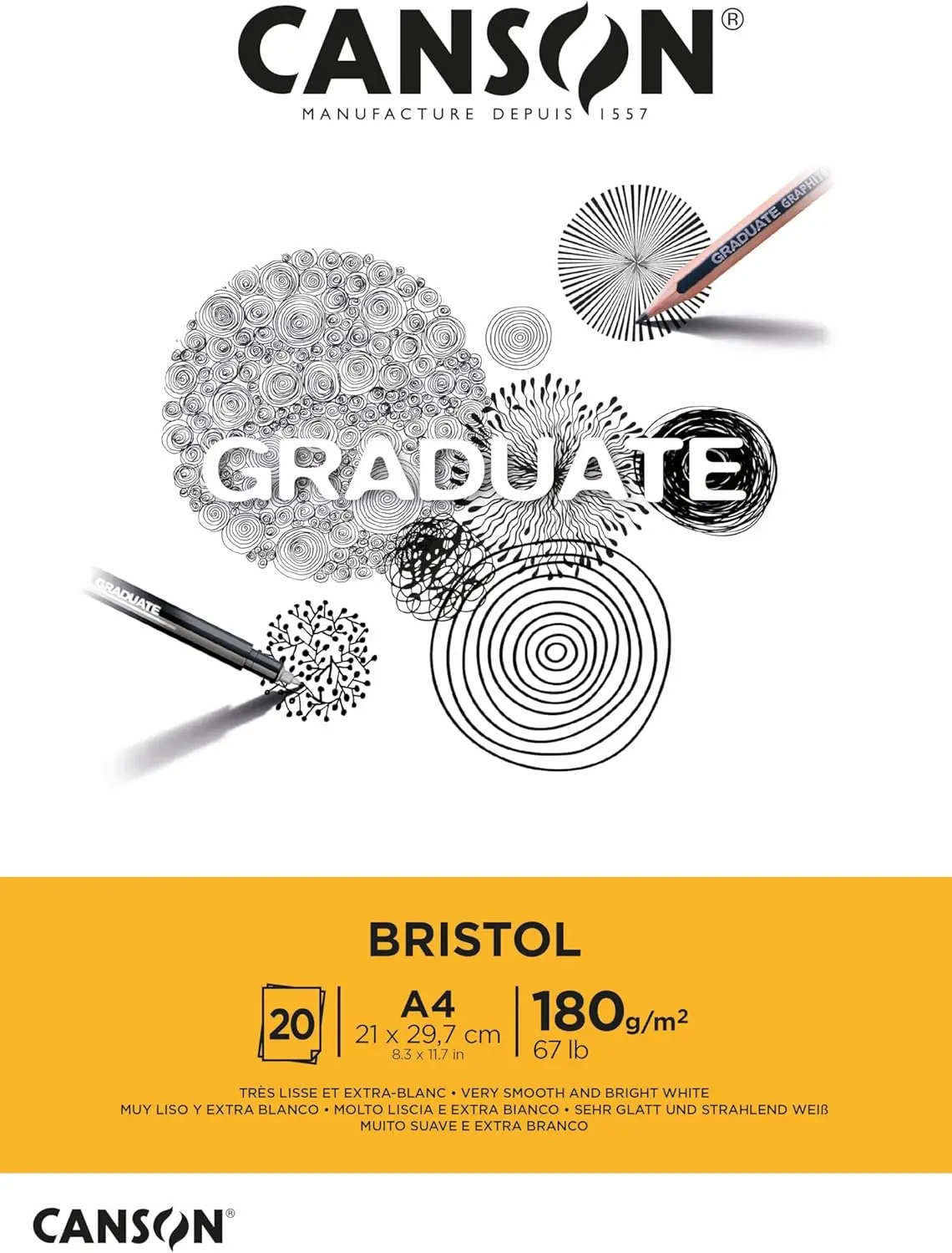 

Блокнот из гладкой бумаги Bristol формата А4, 180 г/м², 20 ярко-белых листов, склеенный по короткому краю, идеально подходит для студентов-художников