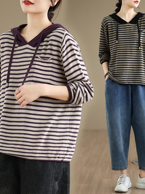 

Женская вязаная кофта оверсайз в полоску с капюшоном, свободный длинный свитер, осенне-зимняя модная одежда