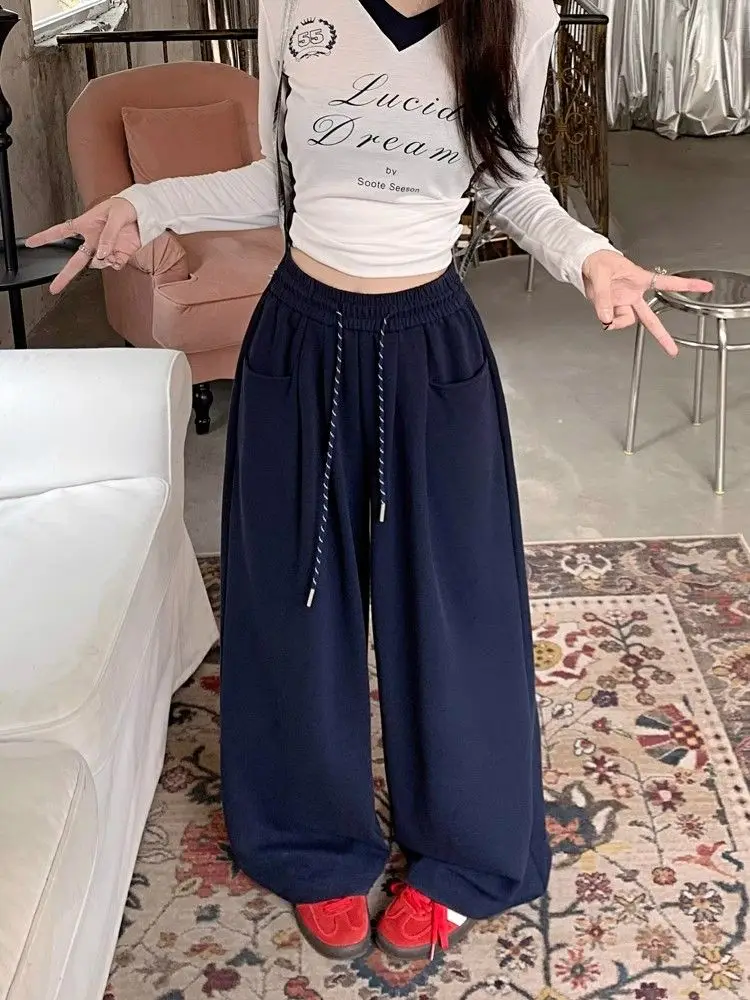 Womens Casual Straight Leg Trousers Elastic Drawstring Waist Loose Fit Floor Sweating Pants Spring Summer