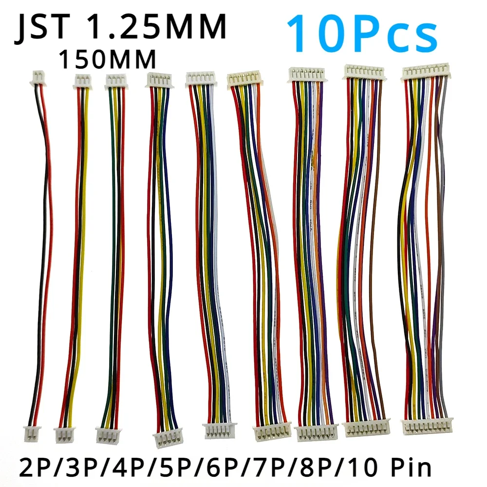 

10Pcs 2P/3P/4P/5P/6P/7P/8P/10 Pin JST 1.25MM Female Double Connector with Wire 150MM 1007 28 AWG JST1.25