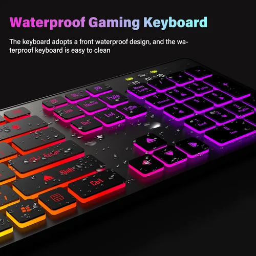 Imagen 2 del producto Teclado para juegos de ordenador, luz retroiluminada RGB, teclado silencioso con cable, USB, para oficina, hogar, ruso, francés, español, alemán, árabe, inglés