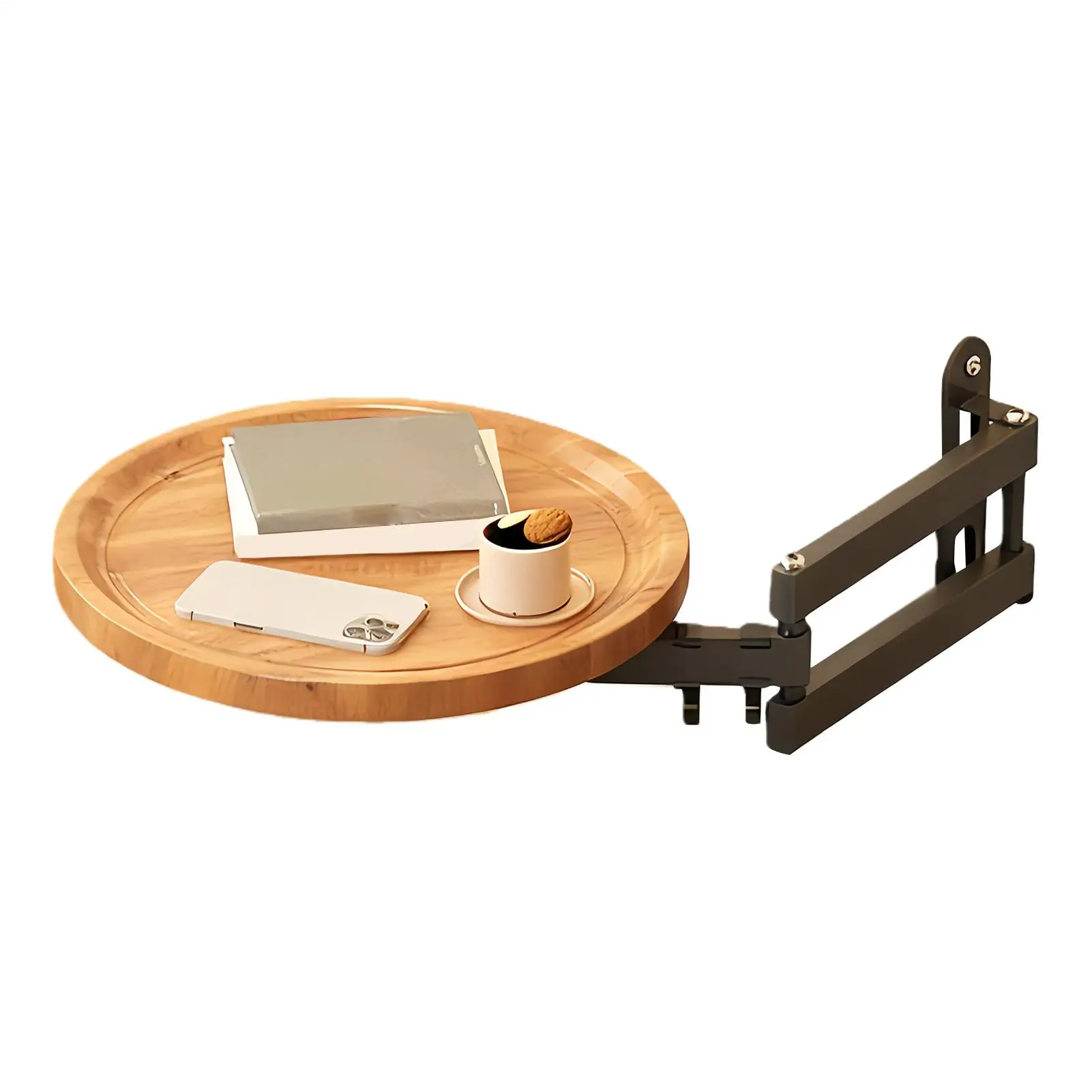 Folding Iron Tray Wall-Mounted Retractable Bed Tray 30cm Wood Round Foldable Table Adjustable Rotating Floating Frame For Room