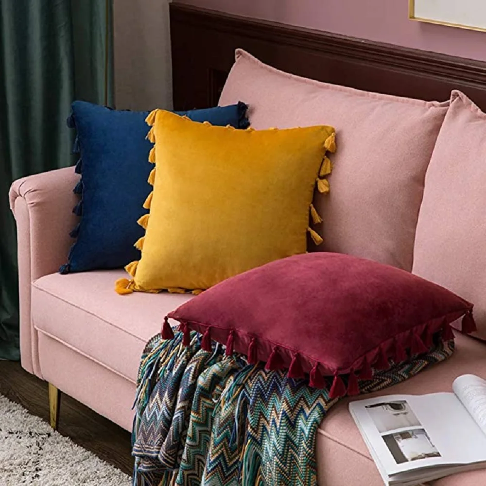 Velvet Soft Solid Decorative Throw Pillow Cover with Tassels Boho Accent Luxury Gift Cushion Case for Couch Bedroom Car Yellow