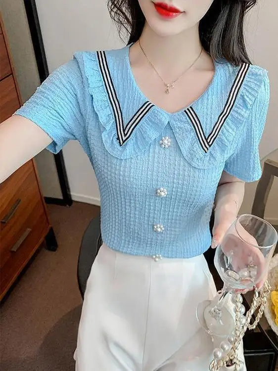 

Summer New Sle Girl's Heart Bubble Sve Lace irt Korean Version Slimming Top Faionable ort Sve Baby Doll Collar ...