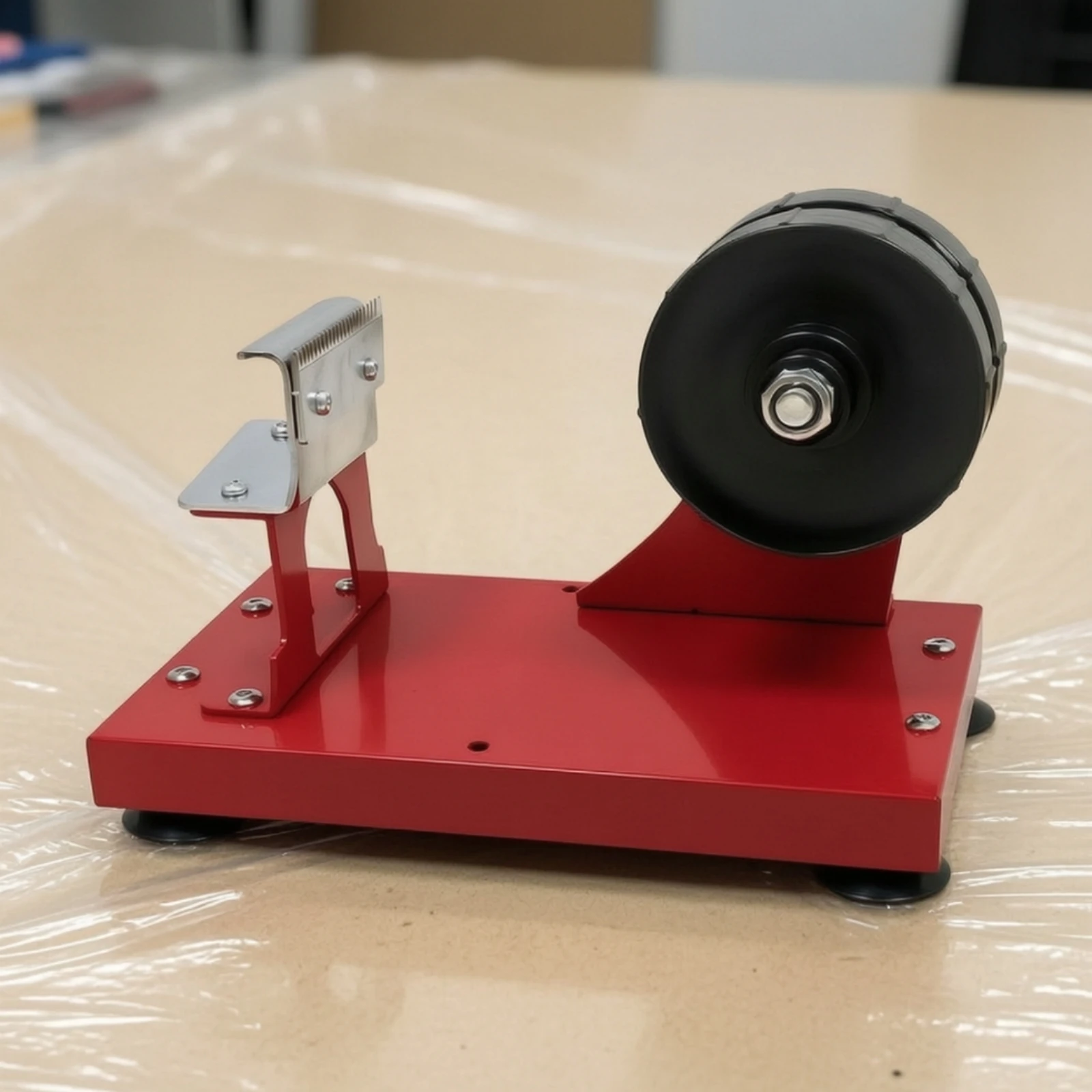 頑丈な金属製で、滑り止め加工が施され、耐久性に優れた、重作業用のデスクトップ式粘着テープディスペンサー。鋸歯状のカッティングエッジ付き。