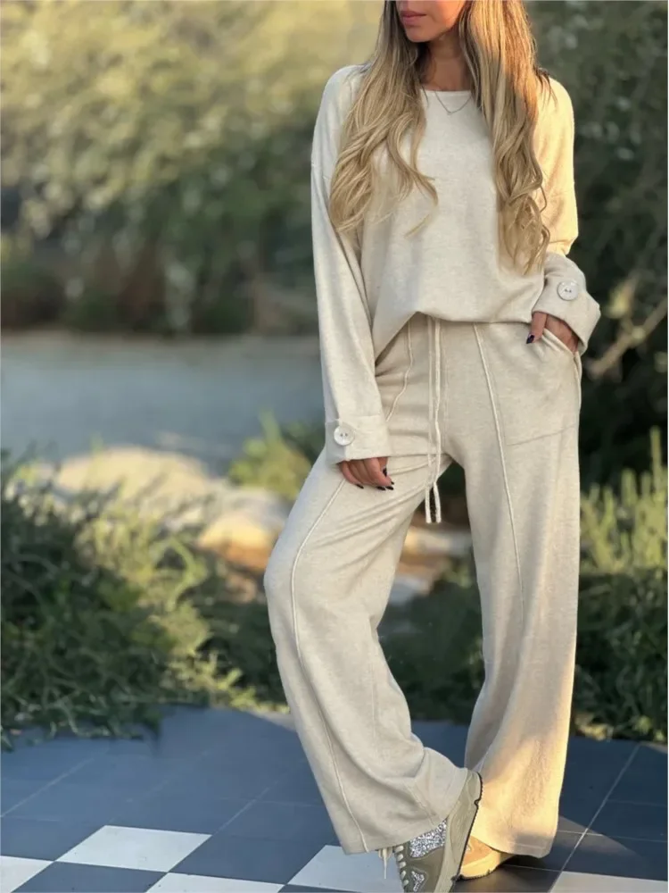 Autumn Winter New Fashion Long Sleeved Women's Suit Casual Loose Simple Pocket Solid Color Wide Leg Trousers 2 Piece Set Female