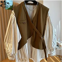 Loose Casual Vest Patchwork Fake Two V-Neck Shirts Blusas Women Mujer De Moda 2024 Autumn New Striped Shirt Vintage Jacket Tops