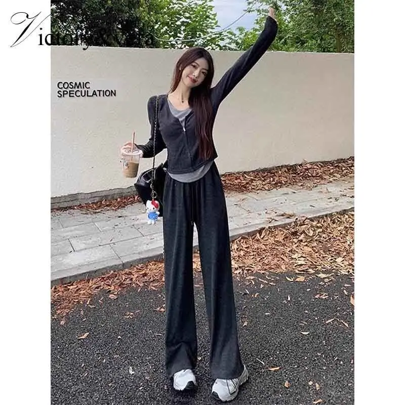 Active Age-Defying Autumn Set Salt Series Wide Leg Pants Sporty Two-Piece Set Fashionable Ensemble Long Sleeve V-Neck T-Shirt