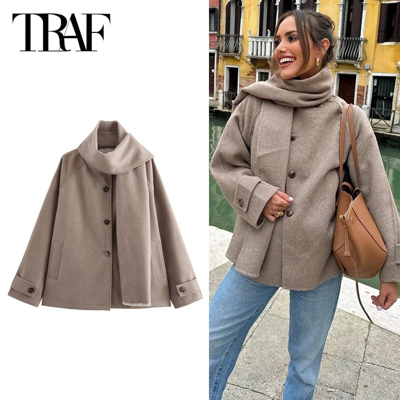 TRAF Women\'s Warm Winter Scarf Jacket Oversized Parkas Coats Outerwears 2024 Autumn Demi-Season Long Sleeve Wool&Blends Coats