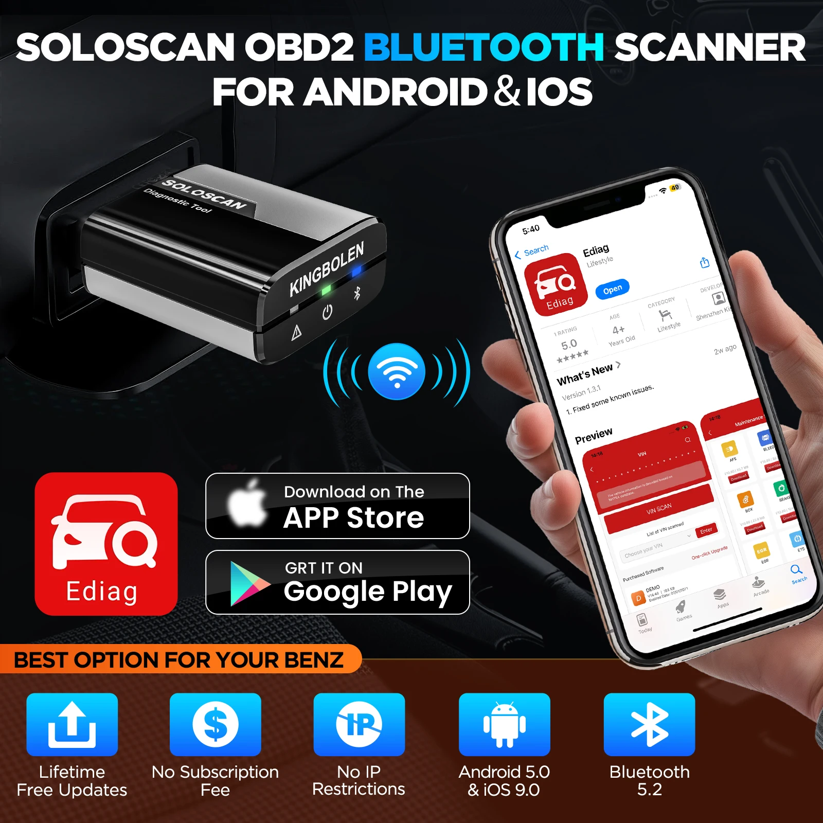 [ Für Benz, Maybach, Sprinter ] KINGBOLEN Soloscan – Diagnosegerät für alle Systeme, Steuergerät-Codierung & Aktive Tests, Kfz-Diagnosetool (Deutsch), lebenslange kostenlose Updates, für iOS & Android