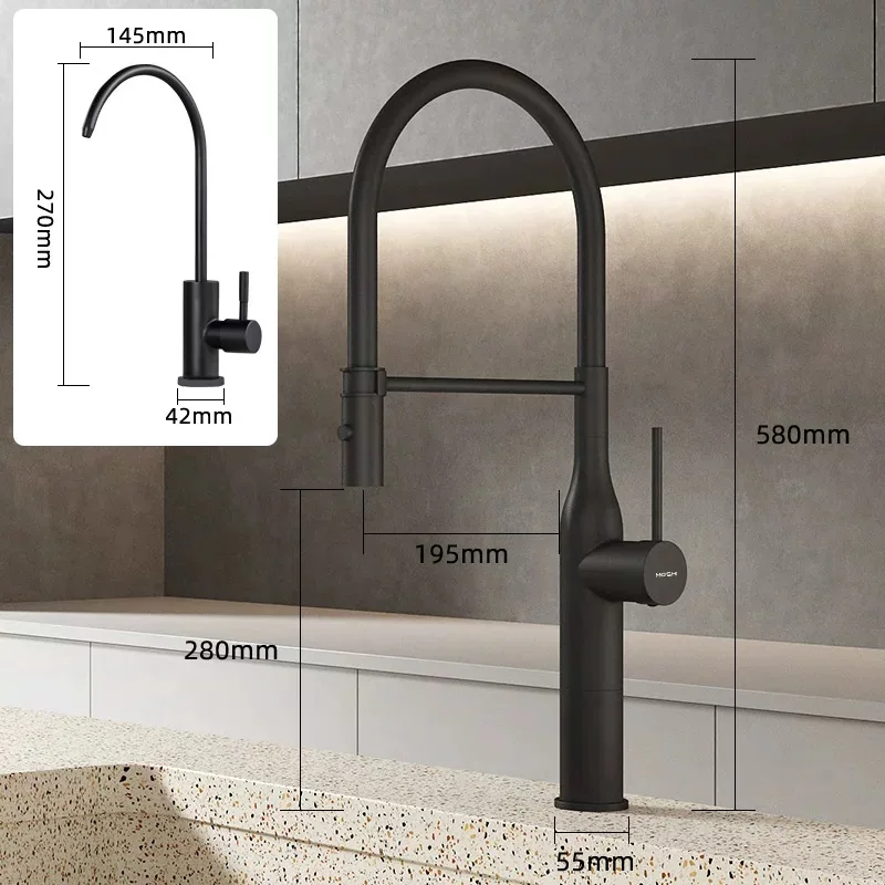 High Quality Solid Brass Kitchen Faucet with Pull-Down Sprayer Hot and Cold Kitchen Tap Drinking Water Kitchen Faucet,Grey,Gold