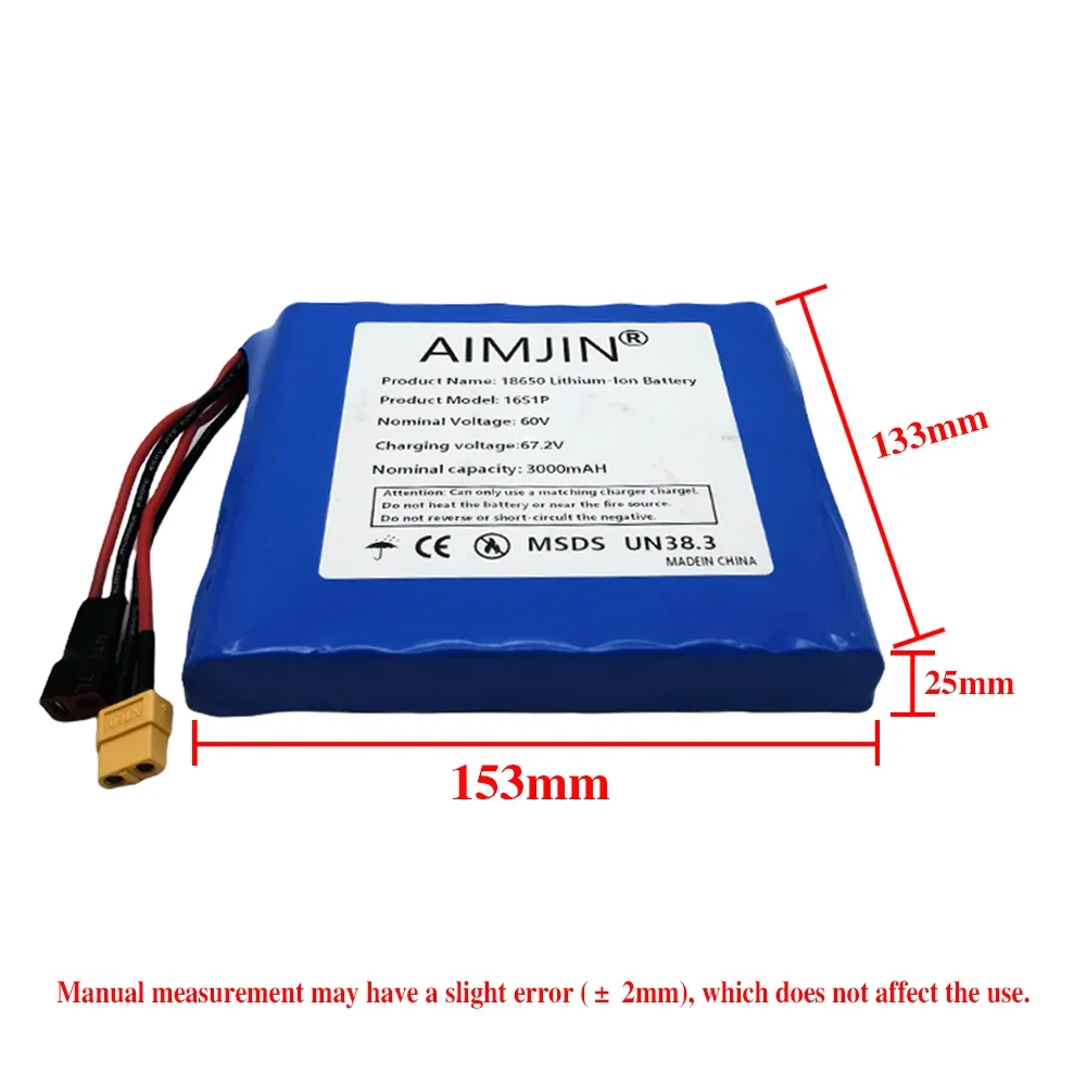 18650 16S1P 60V 3000mAh bateria de lítio com BMS para scooter de autoequilíbrio monociclo elétrico 3.0Ah bateria recarregável