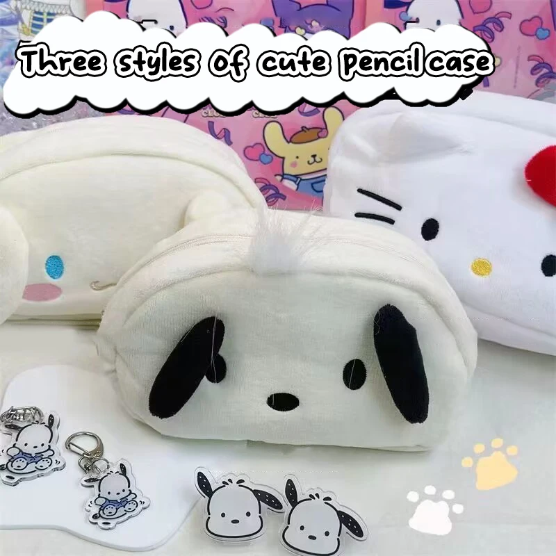 Cute Sanrio Hello Kitty Cat Plush Pencil Case Cinnamoroll Makeup Cosmetic Bag For Girls Organizer Stationery Travel Storage Bags