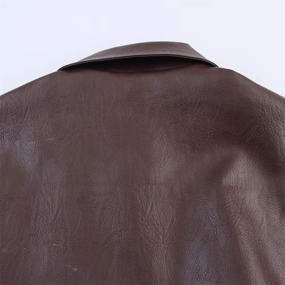 women's new style temperament versatile faux leather pilot collar jacket solid color casual long sleeved jacket jacket