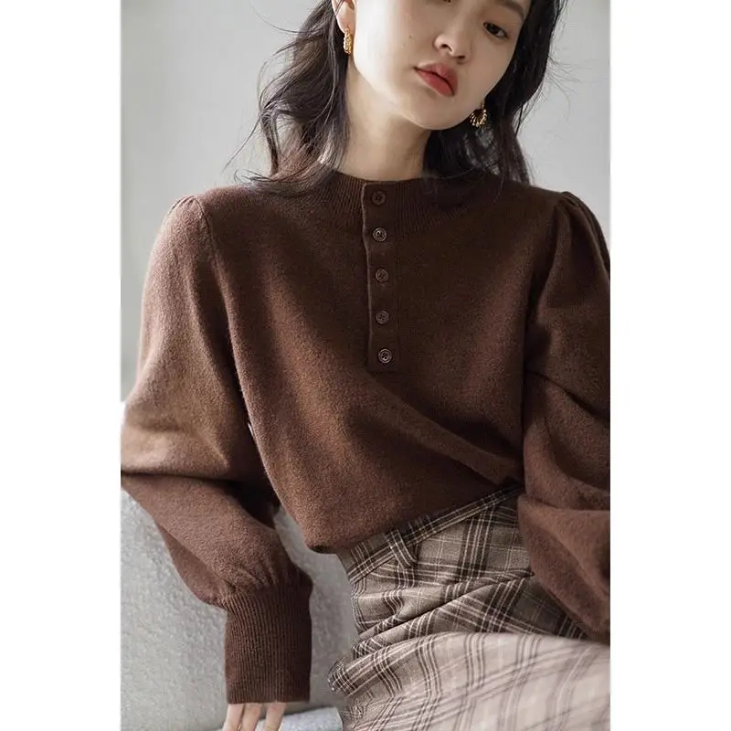 

Brown Round Neck Long Sleeve Puff Sleeve Knitted Pullover New Autumn Loose Casual Button Sweater Comfortable Top
