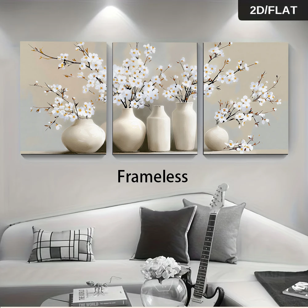 (3PCS Unframe)1 set of modern minimalist three-panel frameless paintings, white vase and floral art, 2D flat design.