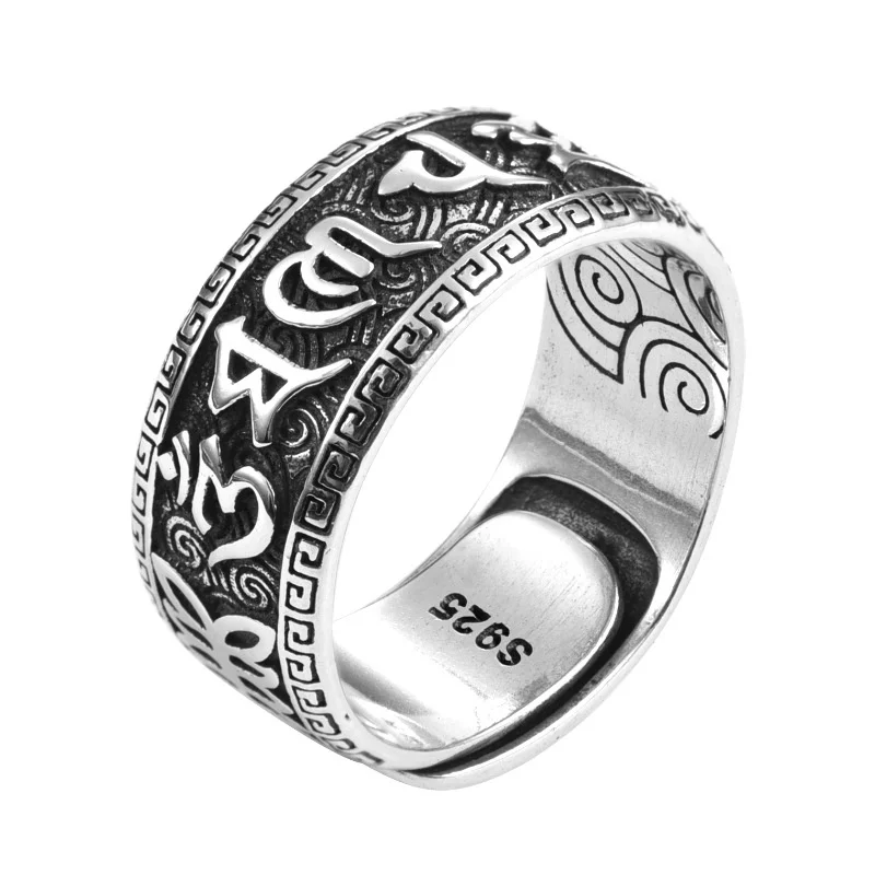 925 Silver Ring Male Finger Accessories Personality Retro Buddhist Scripture Mantra Om Mani Padme Hum Ring For Men Adjustable