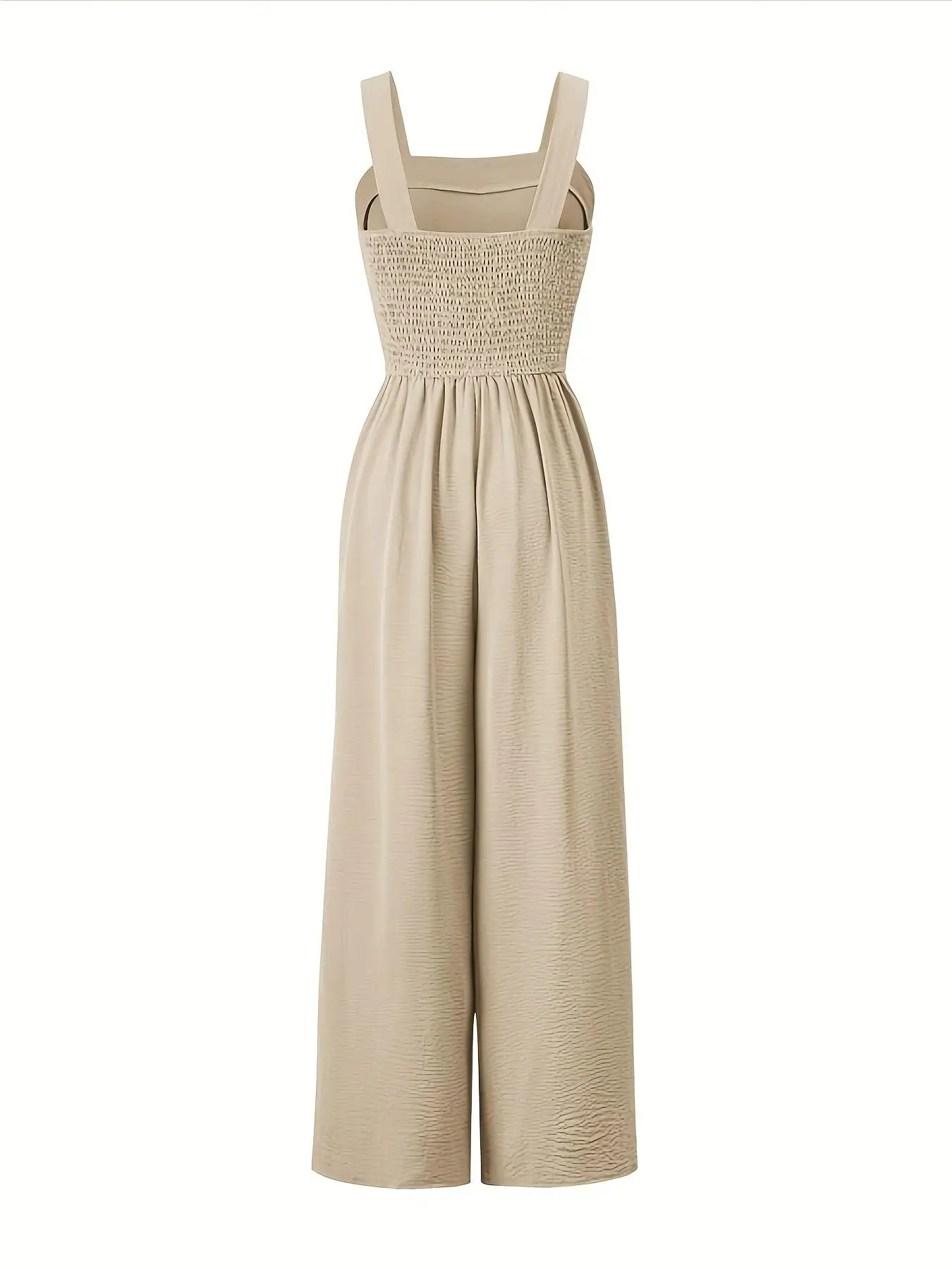 Wide-leg halter jumpsuit with shirred back waist, sleeveless jumpsuit, long pants.