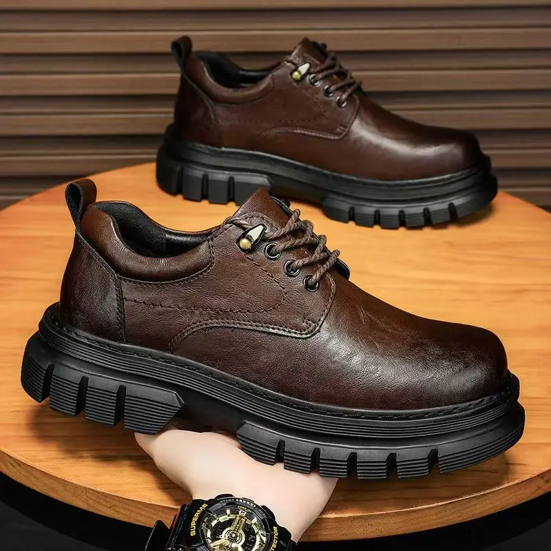 

Men's Spring Autumn New Leather Casual Shoes Thick Sole Non Slip Low Top Lace Up High Quality Round Toe Retro Light Work Shoes