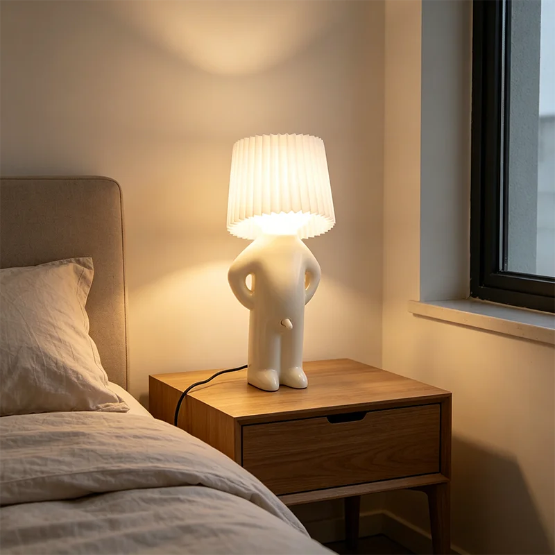 Unique Creative Pleated Naughty Boy Table Lamp LED Soft Reading Bedside Light Nice Holiday Present for Children Bedroom Decor
