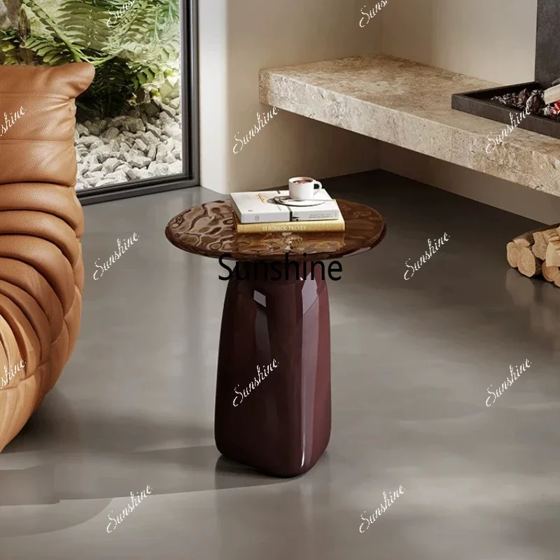 

Italian minimalist round edge table light luxury living room household high-end glass small coffee tableTJ