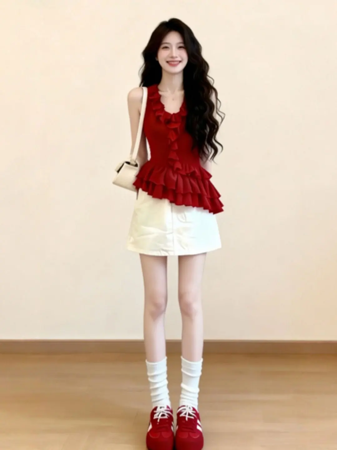 

Retro Gentle Red Top Skirt Two-Piece Set Anti-Aging Whole Outfit Summer 2026 Fashion Women's Comfortable V-Neck Sleeveless Sl...