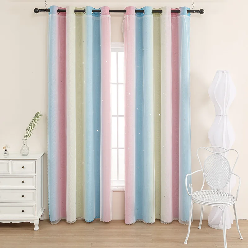 Double Blue Pink Gradient Perforated Curtains Children's Room Window Decorative Curtains Stars Hollow Out
