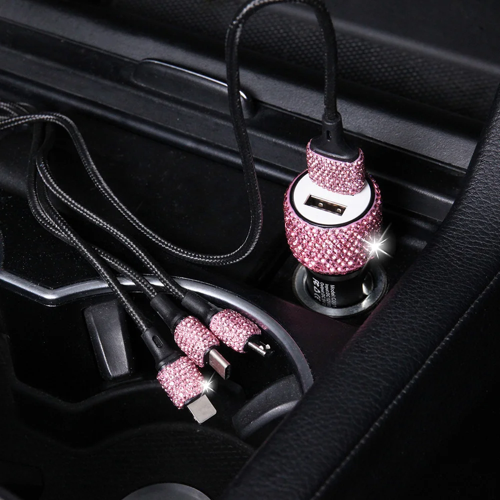 

New Bling USB Car Charger 5V 2.1A Dual Port Fast Adapter Pink Car Decor Car Styling Diamond Car Interior Accessories For Woman