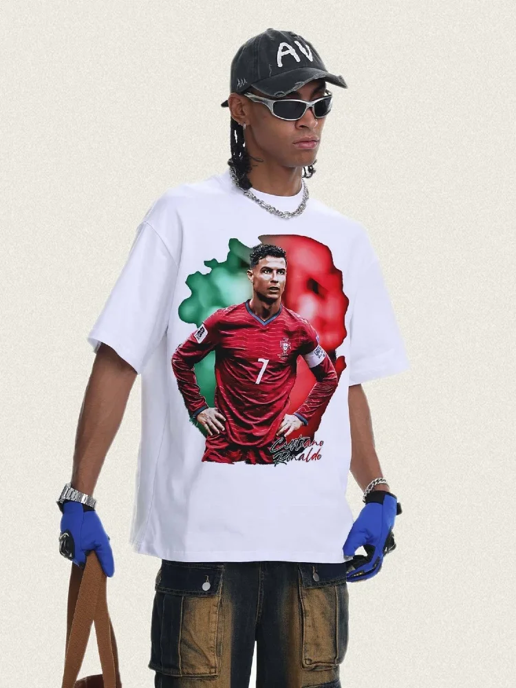 Men T-thirts Cristiano Ronaldo Pure Cotton American-style Streets Both Sexes Fashionable Vintage Print Short-sleeved T-shirt